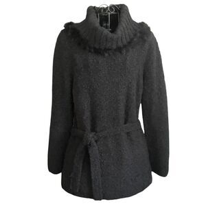 Escapade Fur Trimmed Cowl Neck Belted Wool Sweater Black Size Medium Women's